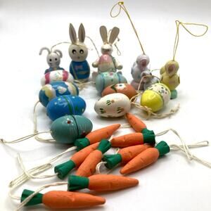 23 Wooden Easter Spring Ornaments (Bunnies, Chicks, Eggs, Carrots) - Preowned
